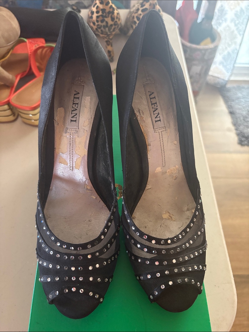 Alfani Black Peep-Toe Heels with Rhinestone Straps